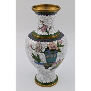 Vintage Cloisonne Flower Floral Enamel Brass Vase 9.5"